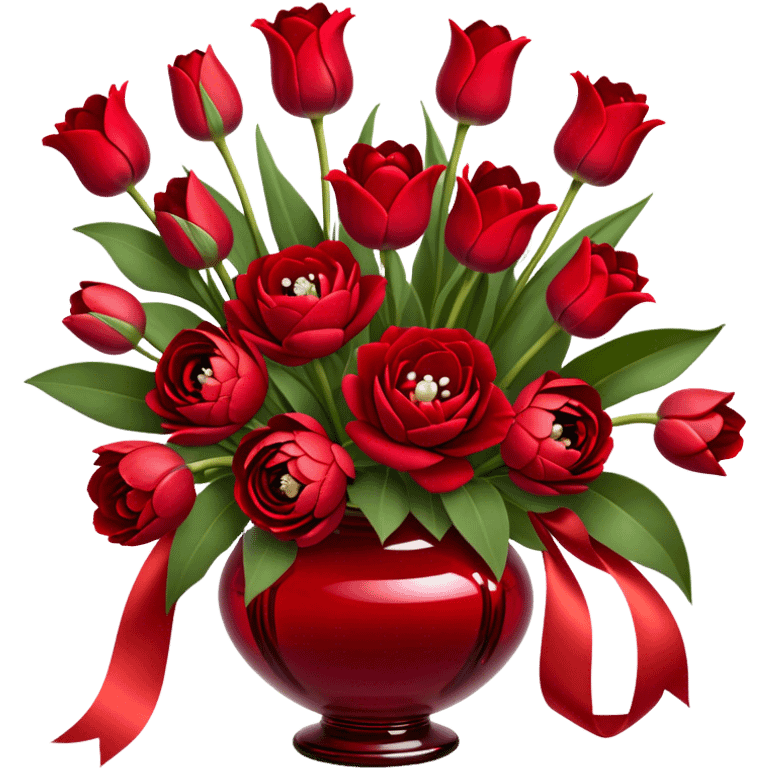 "A luxurious bouquet featuring deep red roses, vibrant red tulips, lush red peonies, and delicate red pansies, all tied together with elegant pearl-colored silk ribbons, arranged in a stunning crimson glass vase, set against a softly lit background."
 emoji