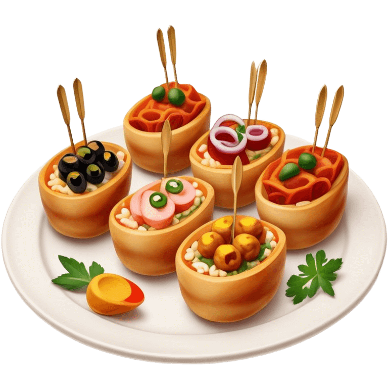 Tapas (4 Pintxos) Cinematic Realistic Tapas Dish Emoji, depicted as an assortment of 4 pintxos elegantly arranged on a plate, rendered with lifelike textures and vibrant, inviting lighting. emoji