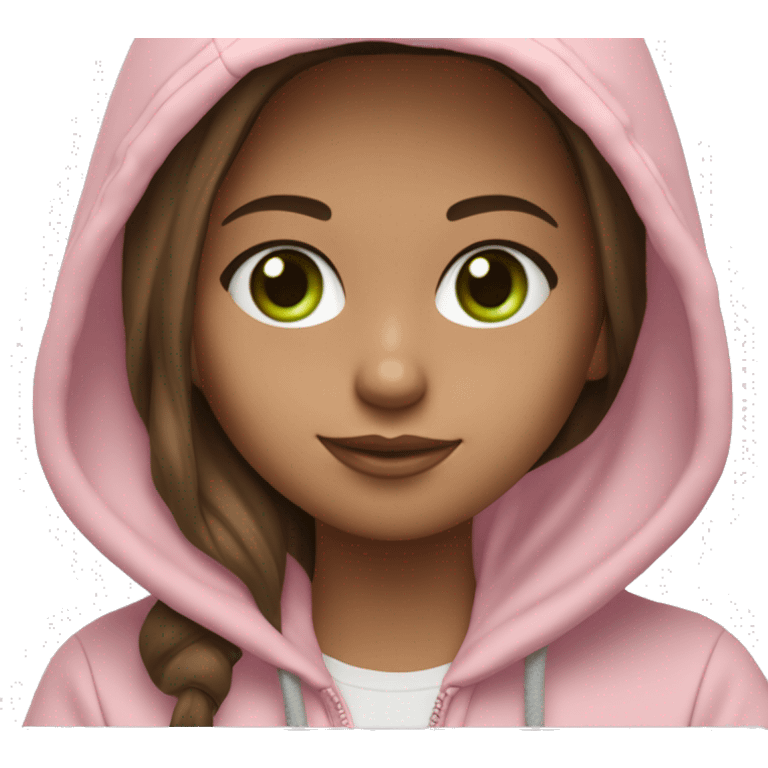 a girl with brown long hair, fair skin, green eyes, is working relaxed at a modern laptop in a monochrome pale pink zip hoodie with a hood and a pink monochrome T-shirt emoji