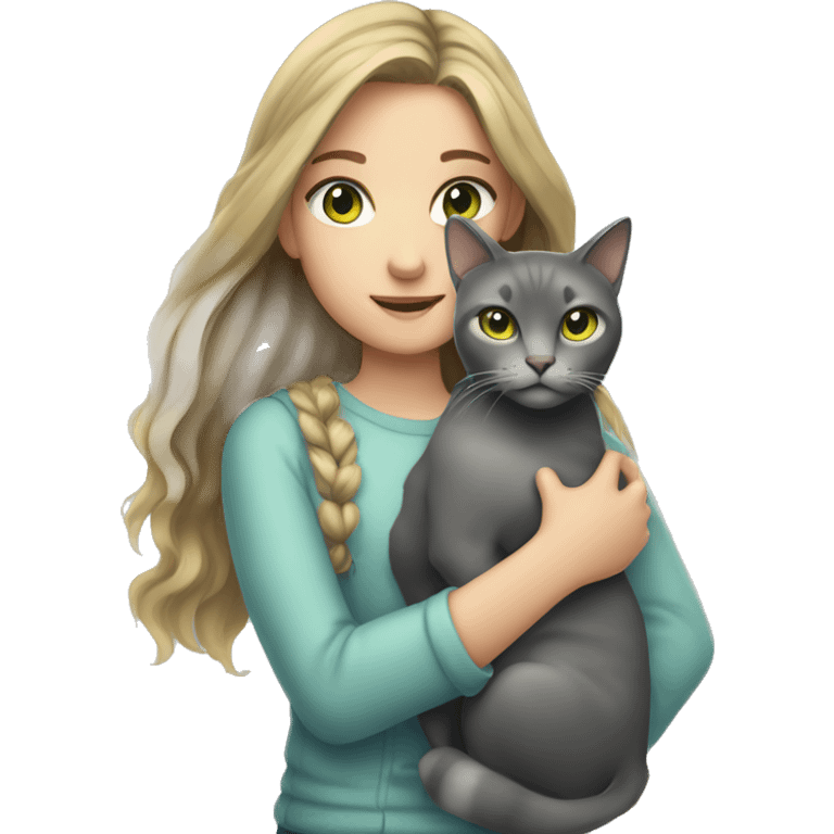 A girl age 14 with grey/dark blue eyes dark blonde hair holding a grey cat with green/yellow eyes emoji