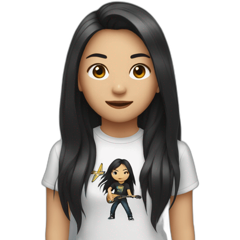 Asian girl with long hair and a Metallica t-shirt saying hi emoji