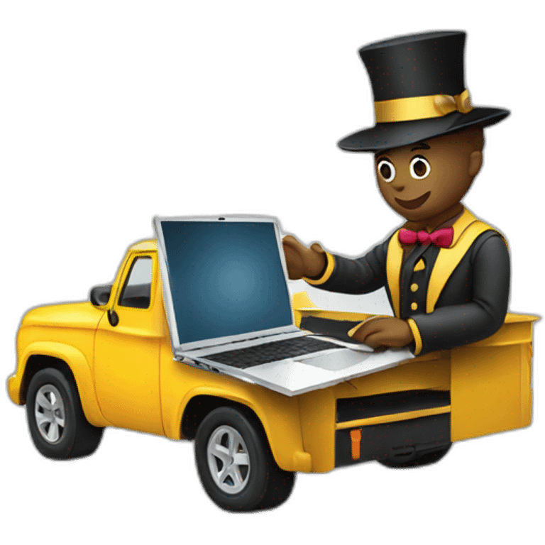 magician programming a laptop with an emoji of a truck on the laptop screen emoji