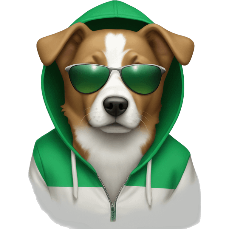 brown and white Dog with sunglasses and a green hoddie emoji