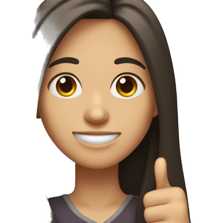 dark brown hair woman with long hair fringe, with hazel eyes, thumbs up, winking emoji