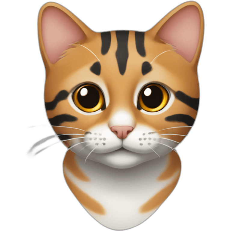 Tabby cat with asymmetrical face white stripe up nose, orange chin, gray with black stripes emoji