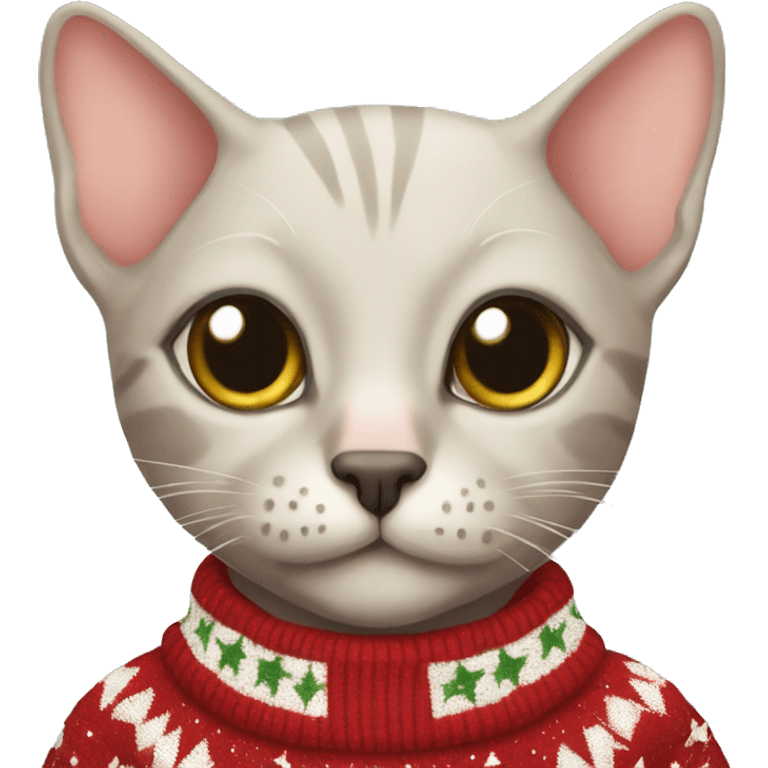 Hairless cat wearing Christmas sweater emoji