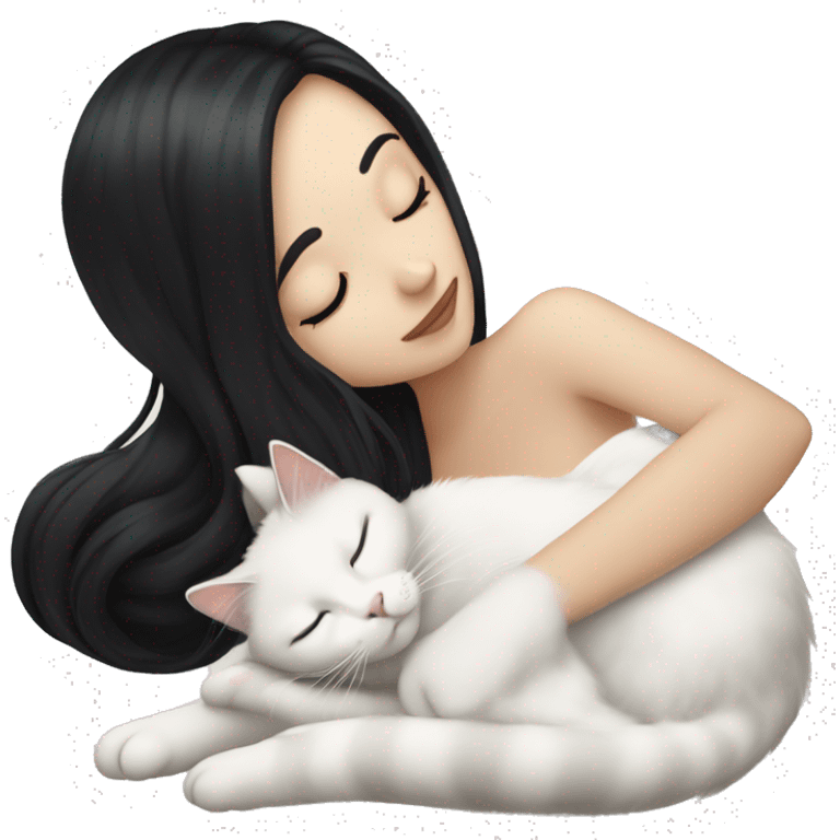 A pretty white girl with very long black hair and sleeping curled up to a white cat  emoji