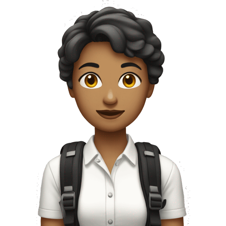 woman short hair with back pack white shirt black pants emoji