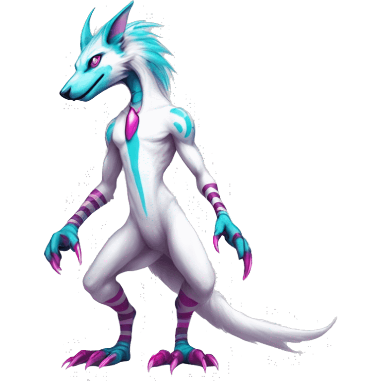 White elegant beautiful natural cute badass epic anthro modern albino sergal-vernid-Fakémon with cyan mane and magenta eyes with cyan edgy stripes, anthropomorphic, two-legged, digitigrade, full body emoji