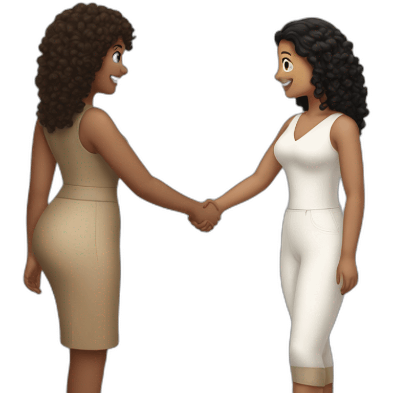 tan curvy woman with black curly hair shakes hands with a curvy pale woman who has straight light brown hair emoji