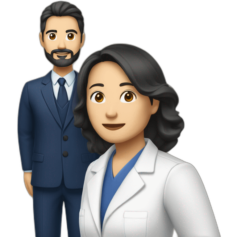 husband middle aged executive classic dark hair thin beard wearing dark blue business suit and bible, with wife filipina nurse age 55 dark hair emoji