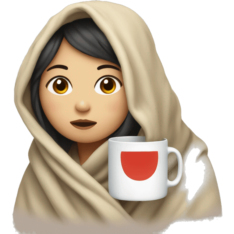 Asian girl bundled in blanket drinking out of a mug emoji