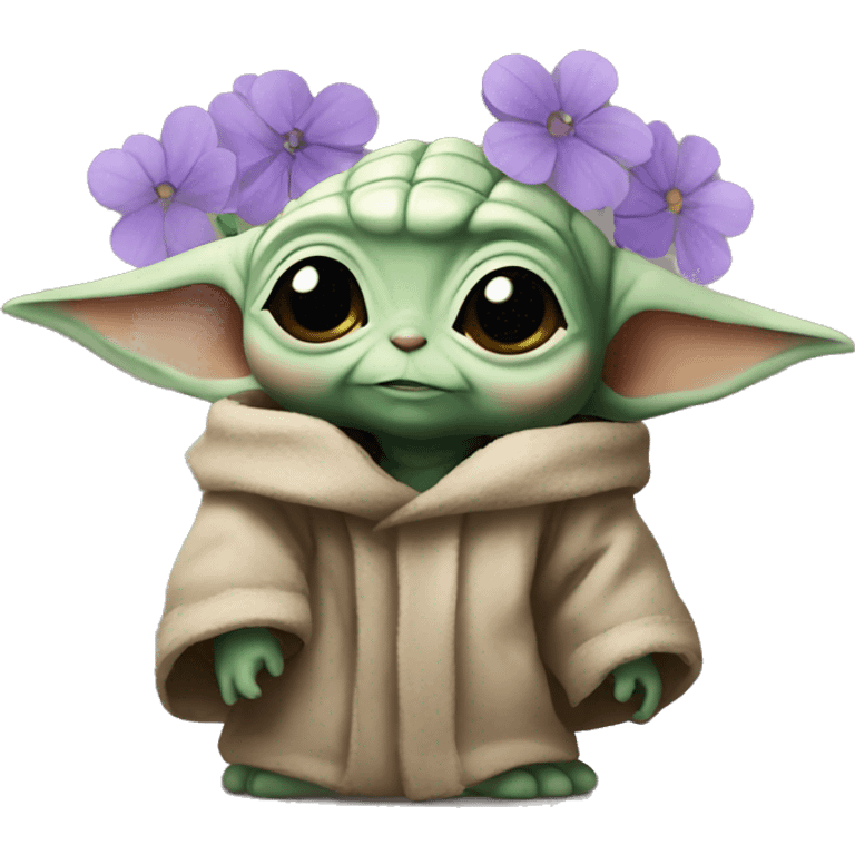 Baby yoda with purple flowers on his head emoji