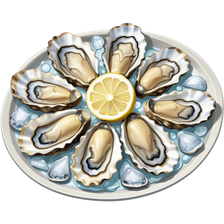 Cinematic fresh oysters on the half-shell, glistening with seawater, served with lemon wedges and ice, soft glowing highlights, elegant and luxurious. emoji