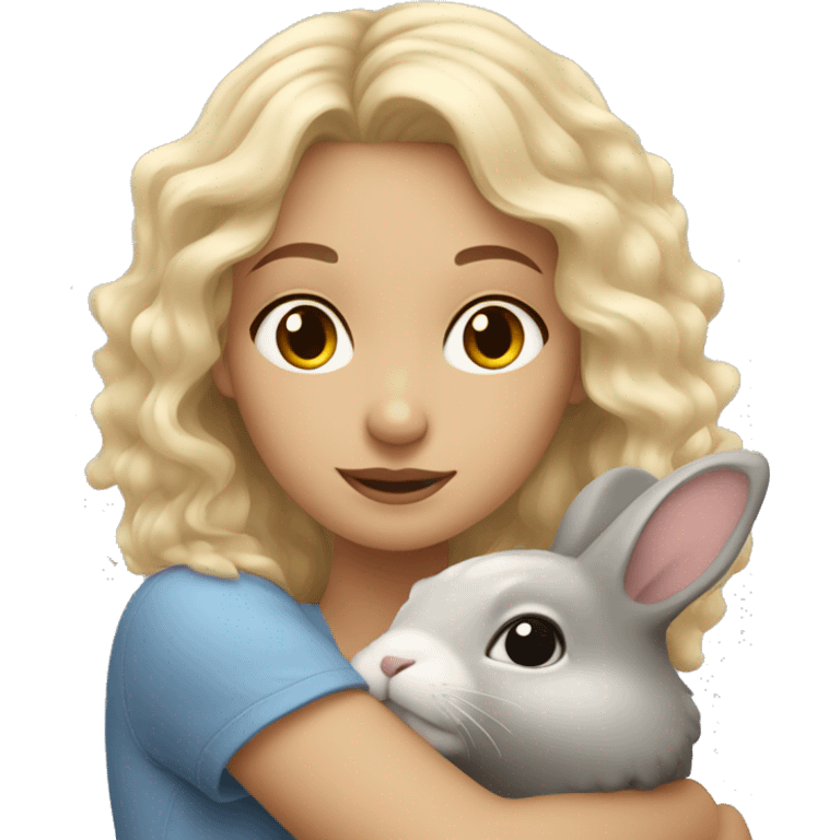 Blond wavy hair girl cuddling a grey rabbit emoji