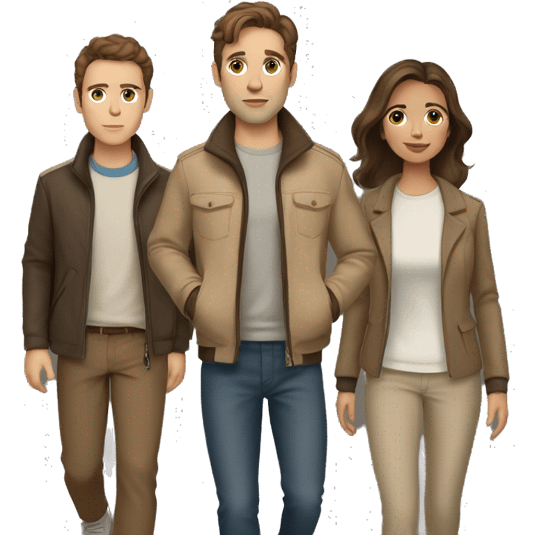 Couple with brown hair and beige jackets and brown pants outfit on a late night walk with a jack russell terrier emoji