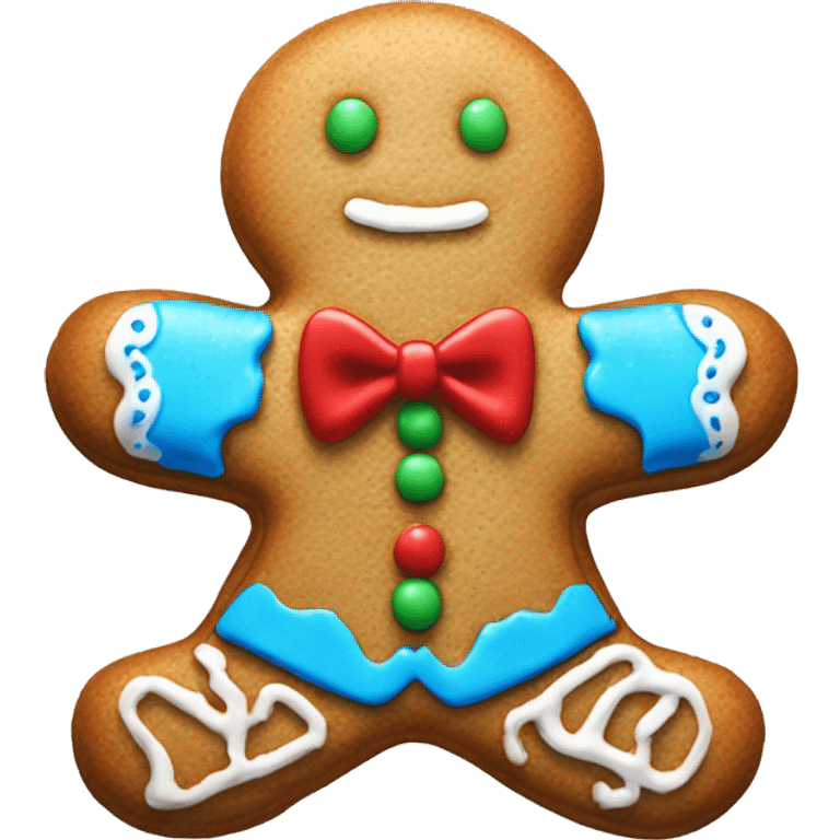 Realistic isolated gingerbread man cookie with blue frosting and bowtie emoji