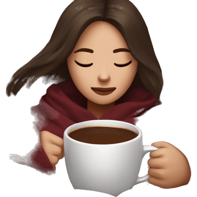 Brunette girl inside a maroon blanket sipping coffee eyes closed emoji