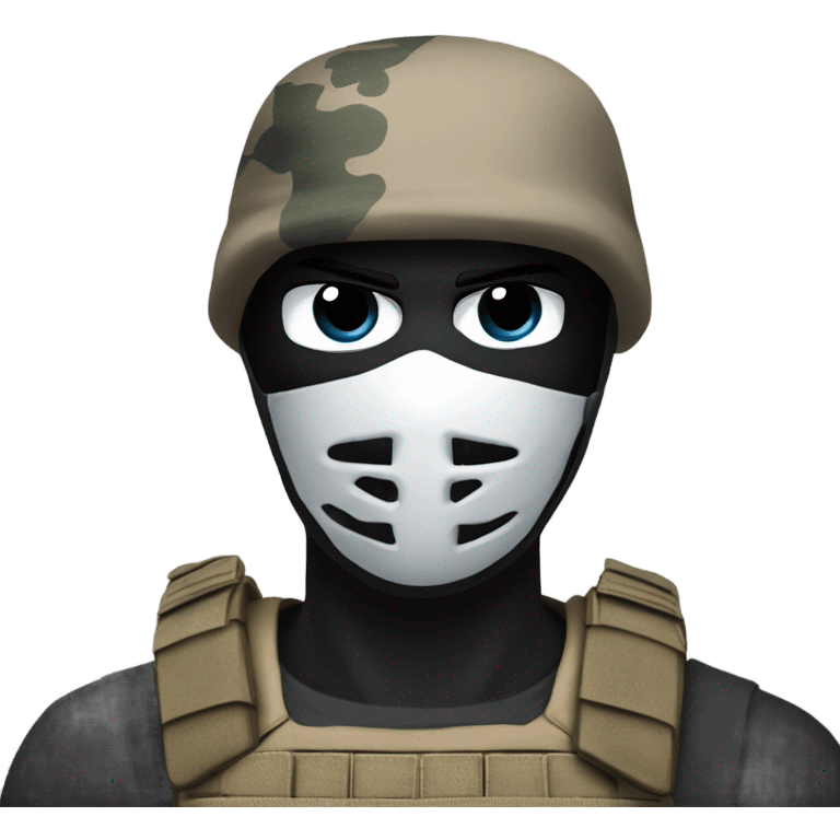 White male, call of duty black mask, camo tactical gear, tan combat boots, black beanie, blue eyes emoji