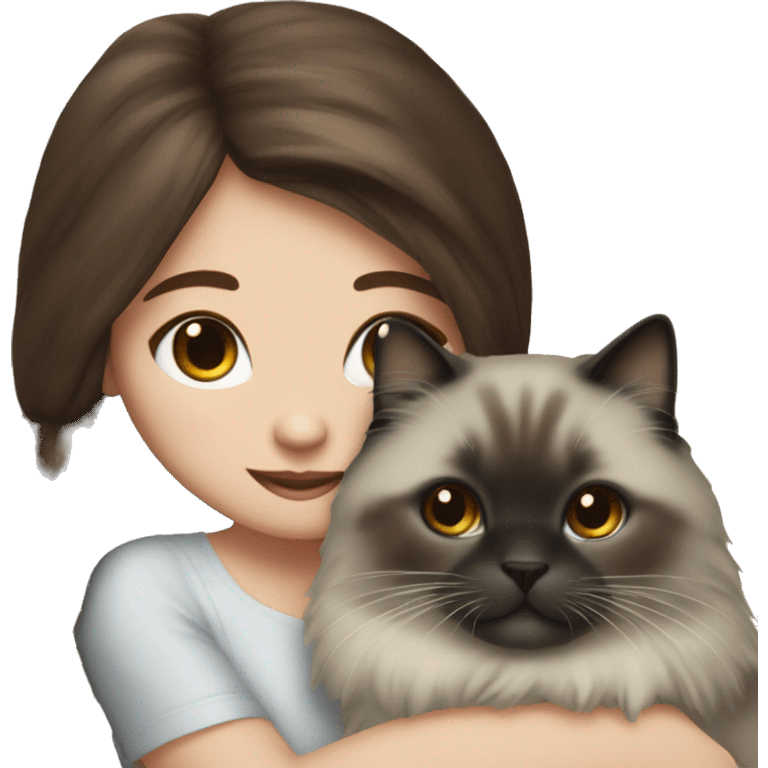 Brunette girl close up snuggling seal point ragdoll cat emoji