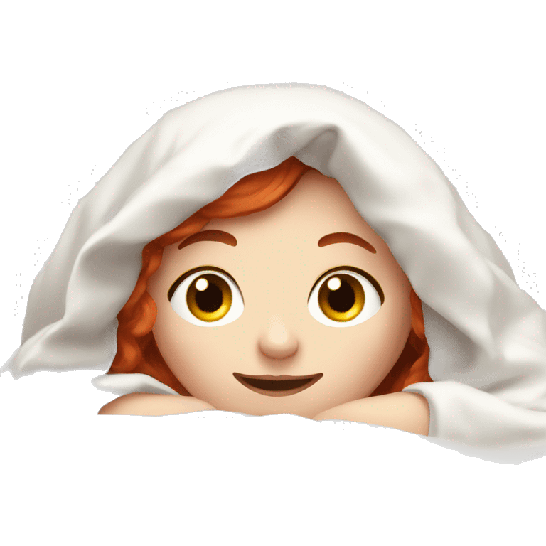 Pale Girl with red hair laying down cozy in a white blanket emoji