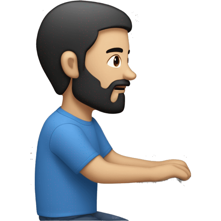 white guy with beard black hair up thin face typing in laptop wearing blue t-shirt emoji