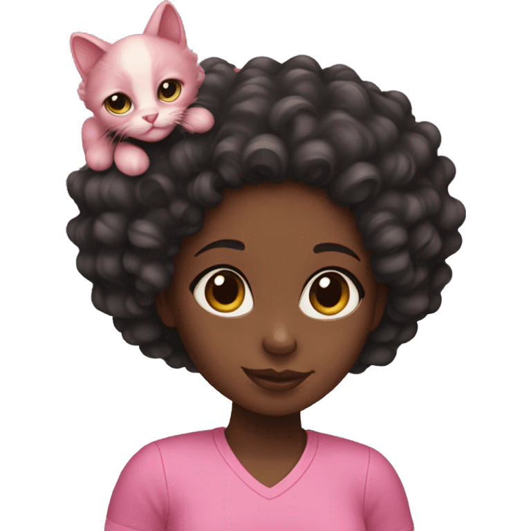 Black girl with curly hair holding a pink cat emoji