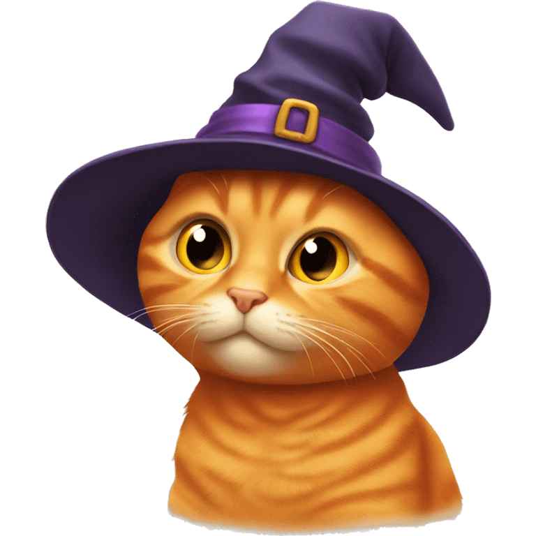 Orange cat wearing a witch hat thinking about cookies emoji