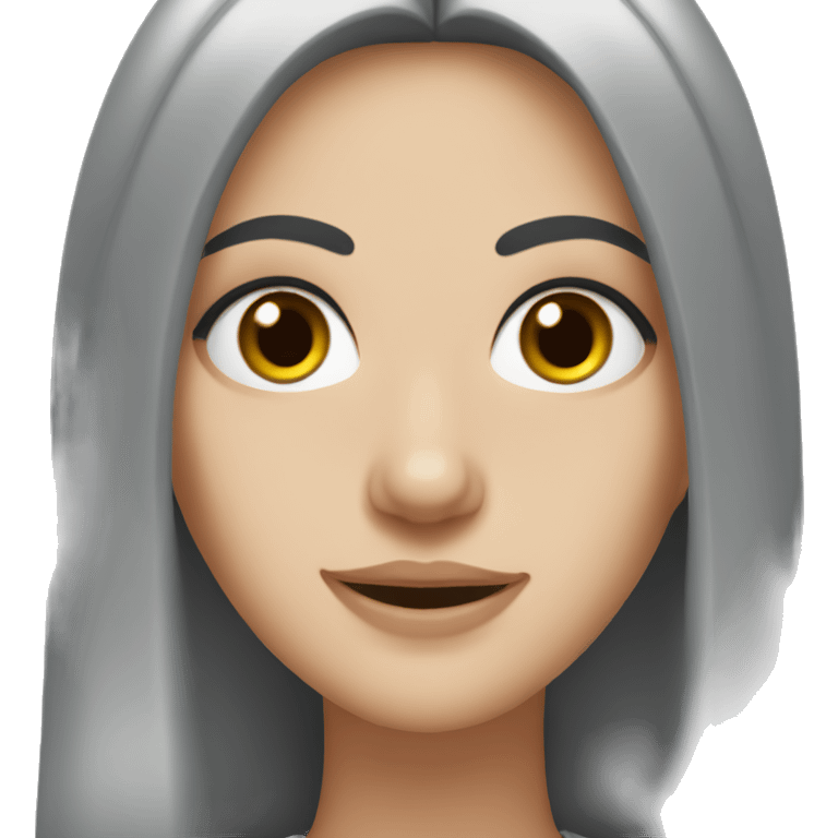 White girl, black hair, hazel eyes, wearing grey sweater  emoji