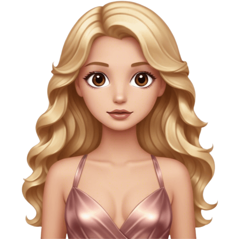 blonde model, brown eyes, long wavy hair, metallic rose gold gown emoji