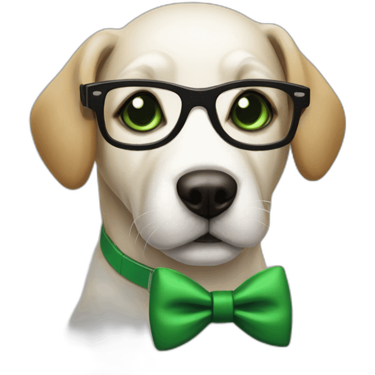 medium-bege-and-white-dog-with-green-eyes-and-black-glasses-and-green-bow emoji