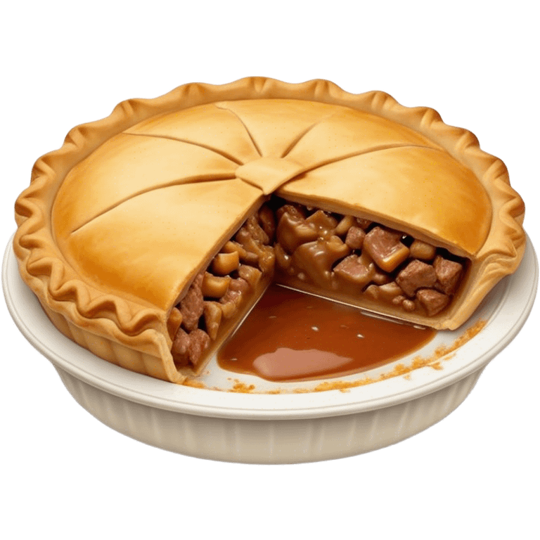 Cinematic Realistic Meat Pie Dish Emoji, showcasing a flaky pastry filled with rich, hearty meat gravy, rendered with lifelike detail and warm, inviting lighting. emoji