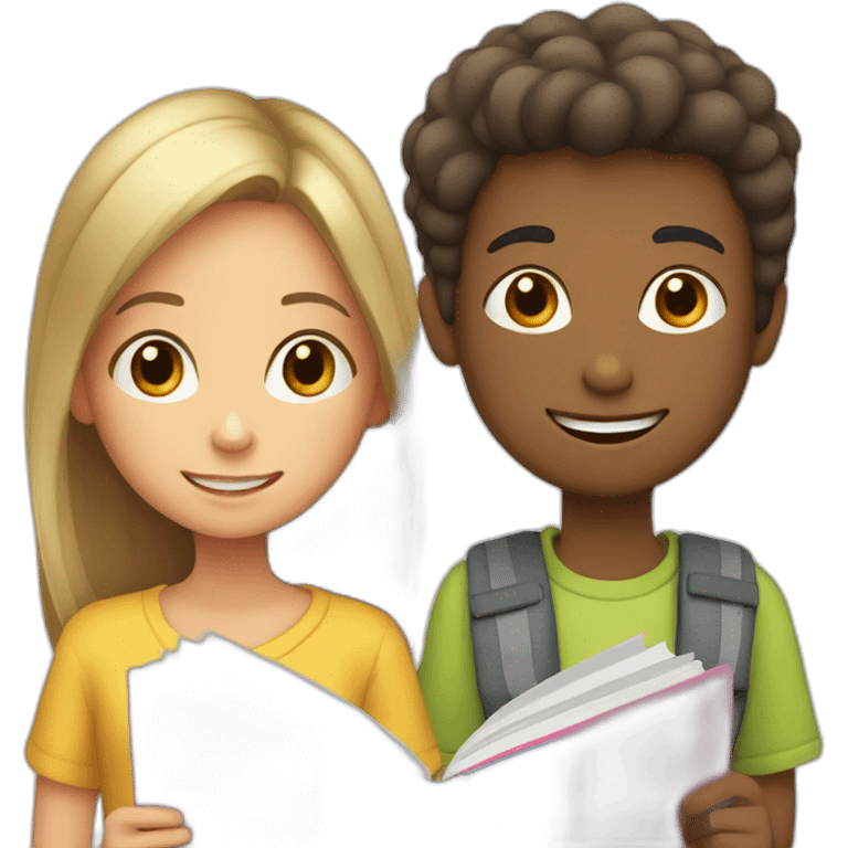 boy and girl of seven years old with an English textbook emoji