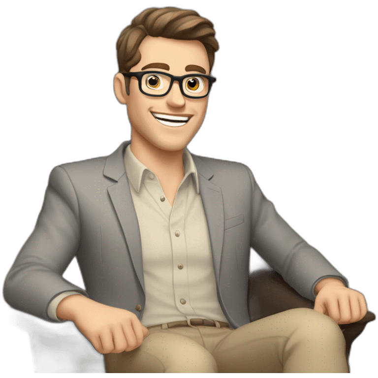 Joyful Celebrating victory Hands up Pale skinned Fit Man With dark brown hair in gray jacket, beige office shirt, Brown pants and vintage glasses sitting In a soft chair emoji