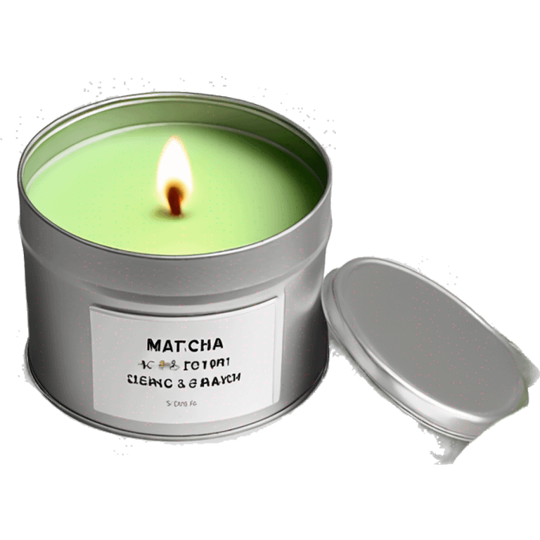 realistic, lit matcha scented candle, silver tin, small white label, text emoji