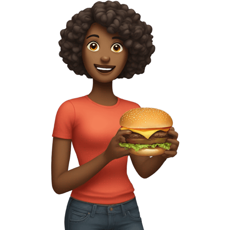 A woman holds a burger in one hand and healthy food in the other emoji