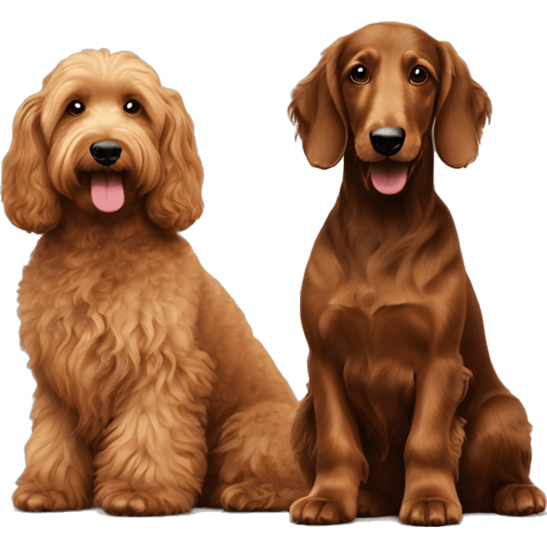 Large Brown goldendoodle and a black and brown longhair dachshund sitting together  emoji