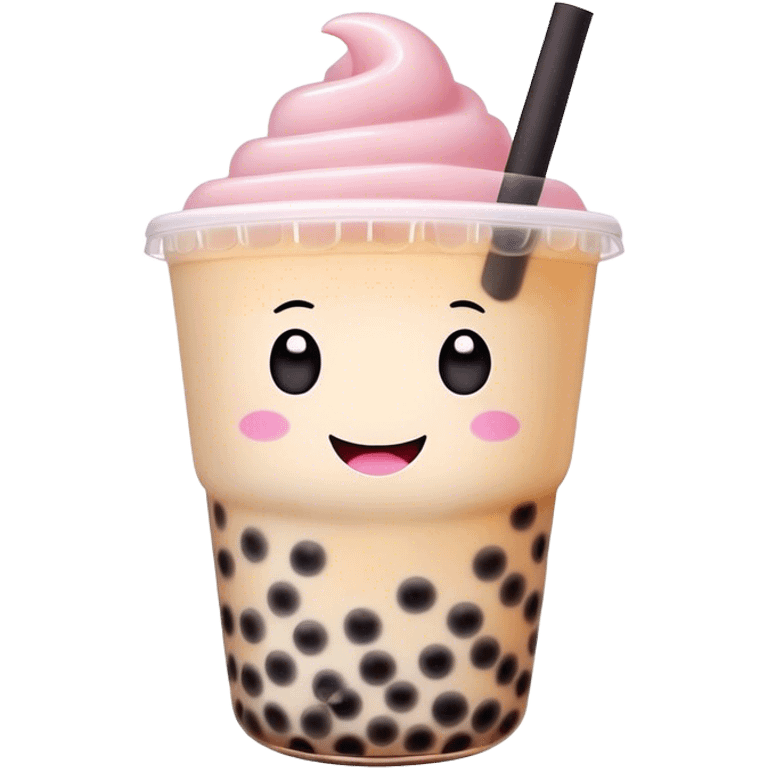 Cinematic pastel-colored bubble tea, chubby cup with a smiling face, tiny black tapioca pearls peeking out, soft glowing background, playful and adorable. emoji