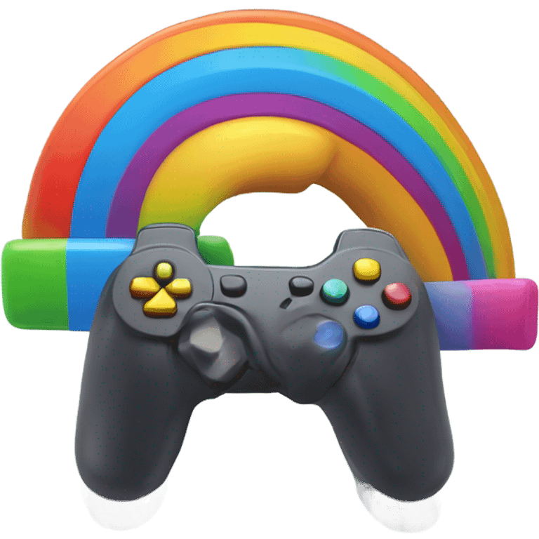 A rainbow sits on a joystick emoji