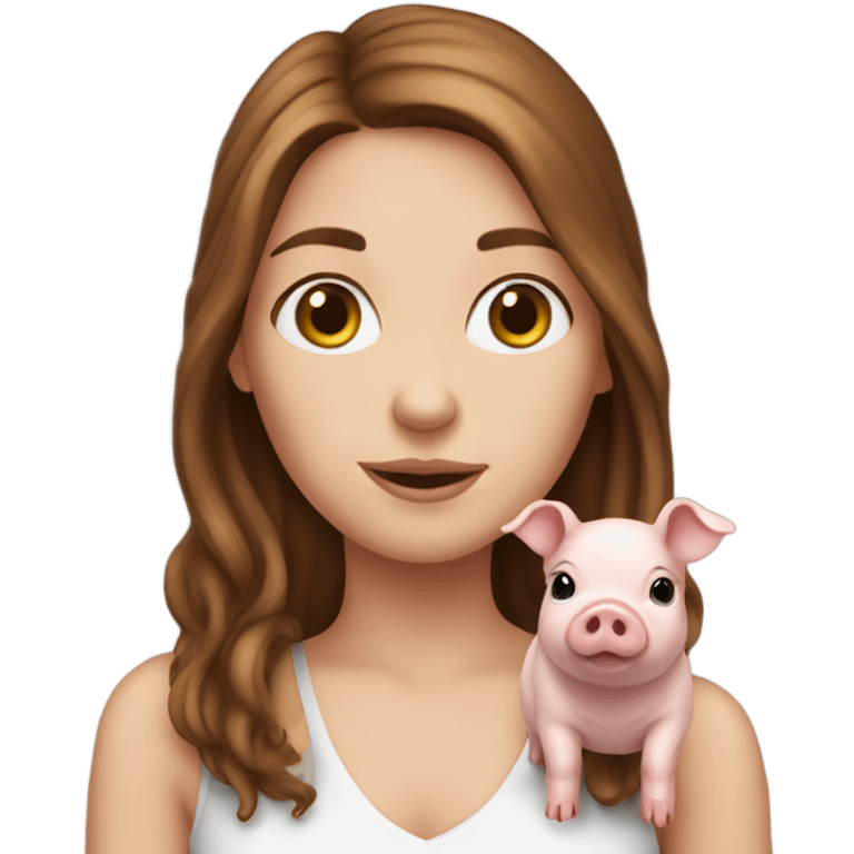 White girl with brown hair Holding a very tiny pig emoji