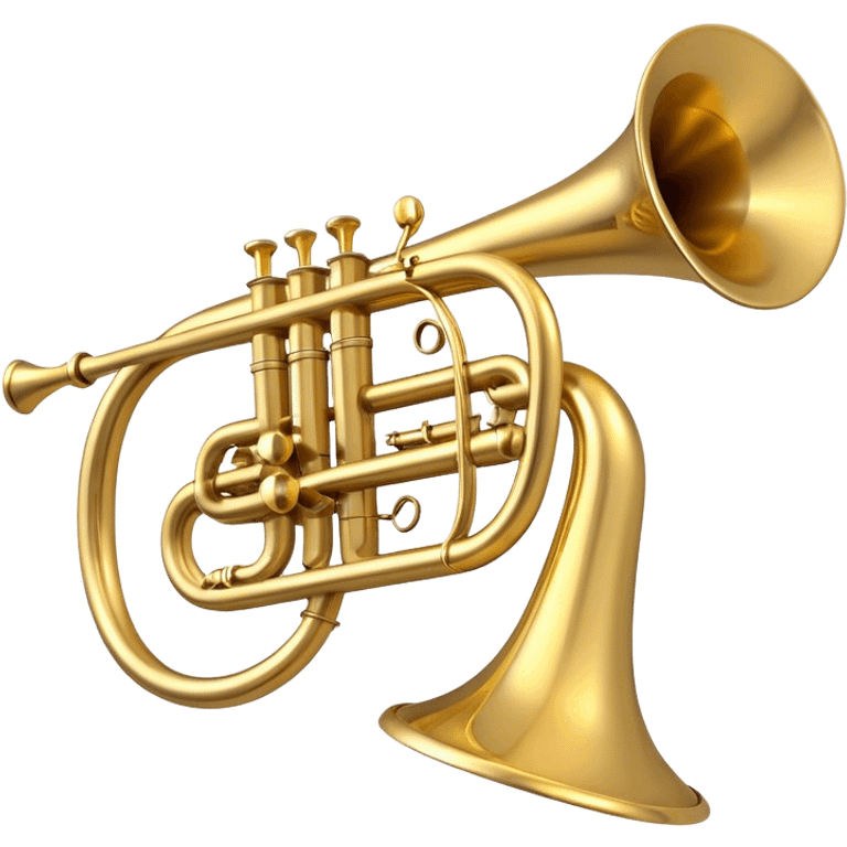 Create a sleek and polished emoji representing the Brahner trumpet. The design should feature the shiny brass body of the trumpet, with its distinct bell shape and coiled tubing. Highlight the three smooth, finger-operated valves, and the mouthpiece at the top of the instrument. The finish of the trumpet should be a rich, golden brass tone with subtle reflections, giving it a polished and professional appearance. Add musical notes or soundwaves around the bell of the trumpet to evoke its bold and brassy sound. Use golden, brass, and silver tones to emphasize the vibrant, high-quality design of the trumpet. The background should be transparent. emoji