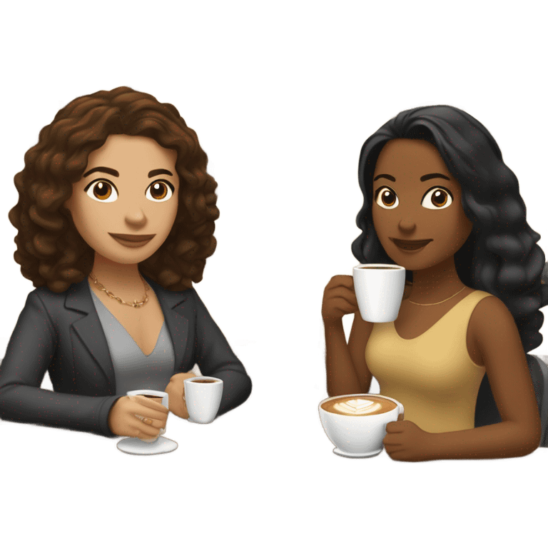 puerto rican woman light skin with shoulder-length, wavy, brown hair drinking latte with Roman woman with black, straight hair drinking espresso at table emoji