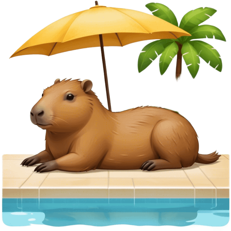 Capybara sunbathing by pool with shade emoji