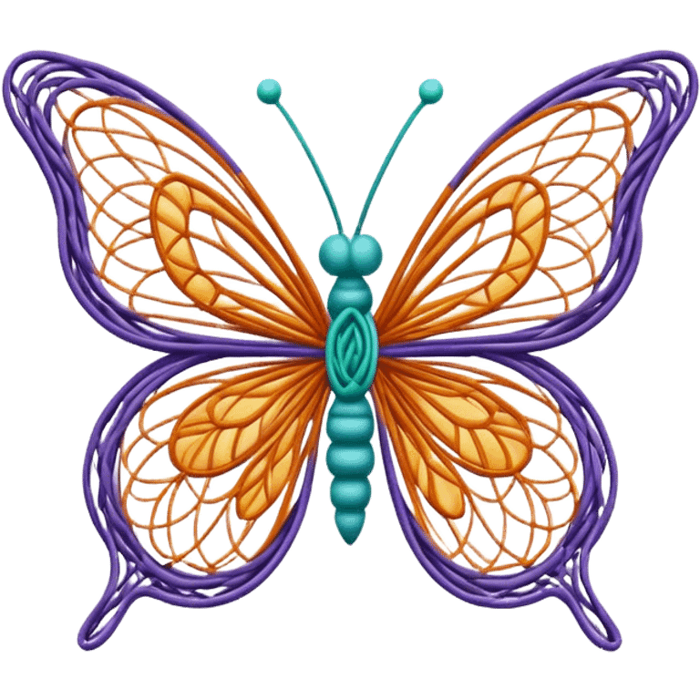 String art icon, colorful butterfly made with threads, wings formed by intricate thread patterns, body of the butterfly with visible thread ball structure, minimalistic style, clean lines, transparent background. emoji