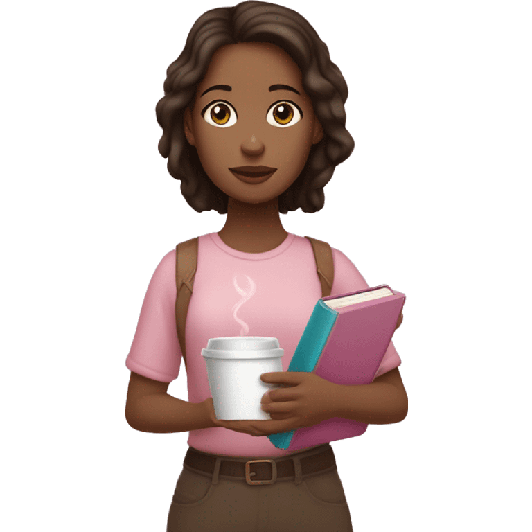 Brunette girl, light skin, holding a light pink Bible with a cross on the cover in one hand and a coffee in the other hand emoji