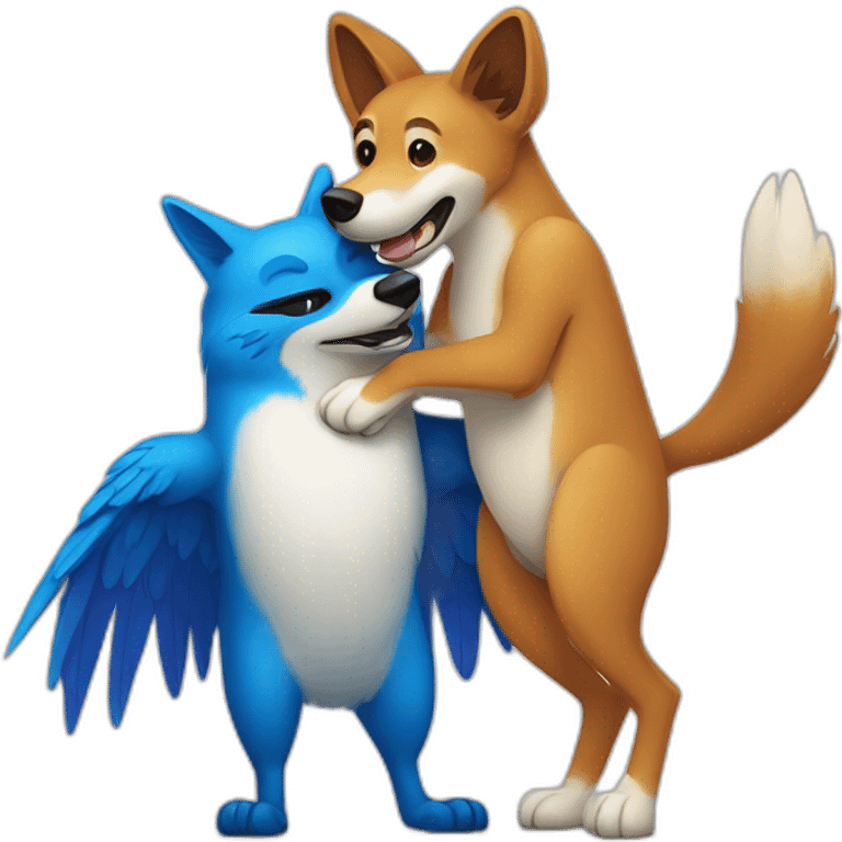 Anthropomorphic dingo giving an anthropomorphic blue bird a hug emoji