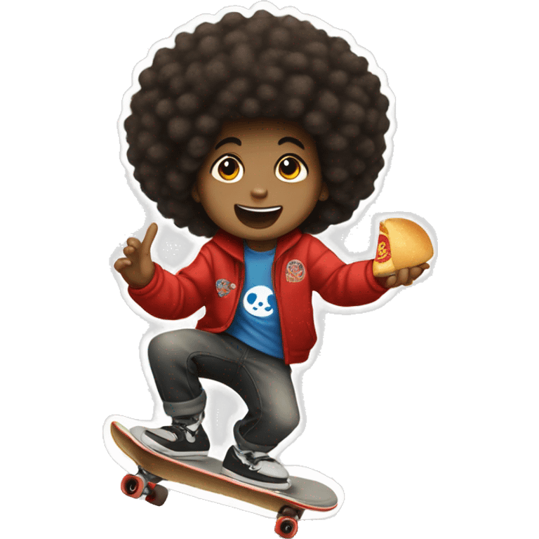 boy with afro at the mall skateboarding and eating Panda Express emoji