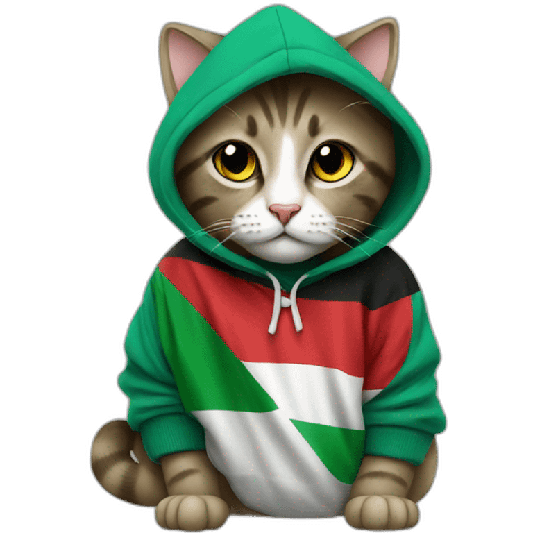 a cat wearing a hoodie with Palestinian flag emoji