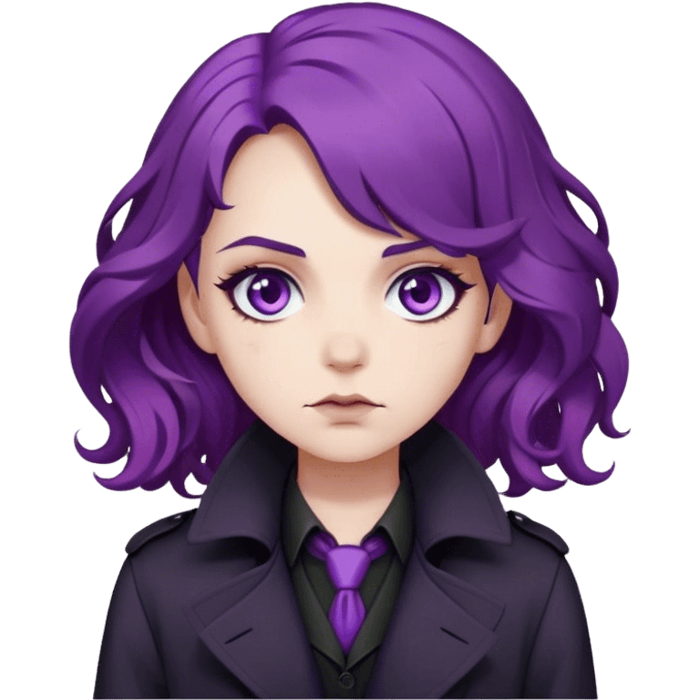 A noir-style detective with wavy purple hair, black trench coat, and piercing violet eyes emoji