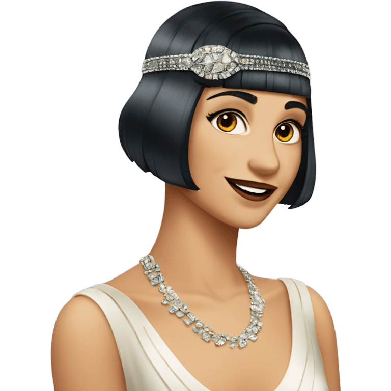 Feminine flapper jeweled style flapper headband short dark wave hair long eyelashes expression is she is smirking smiling emoji